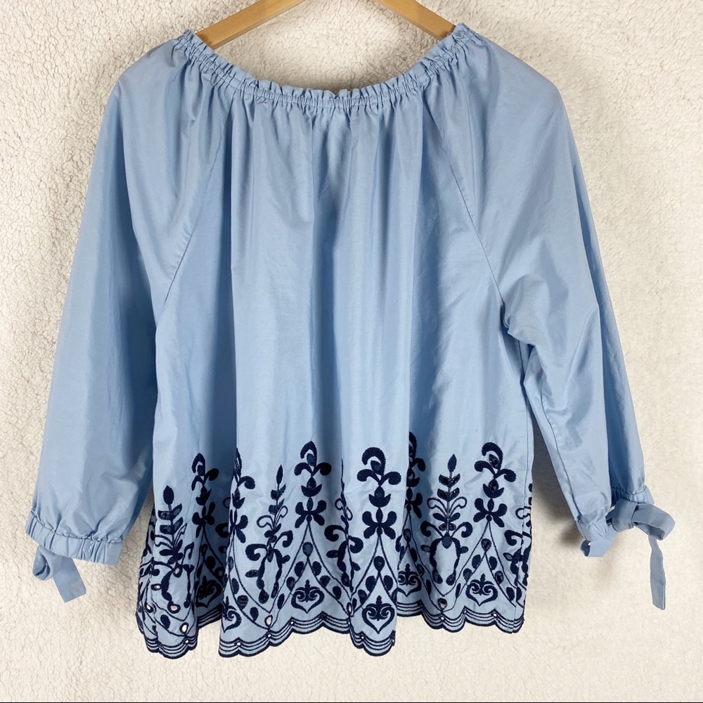 Time & Tru Chambray Embroidered Tie Sleeve Top L - Picture 4 of 9